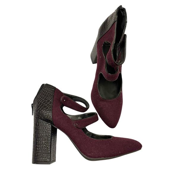 Gianni Bini steampunk 9.5 heels strappy faux purple wool block stacked heel shoe - Picture 1 of 5